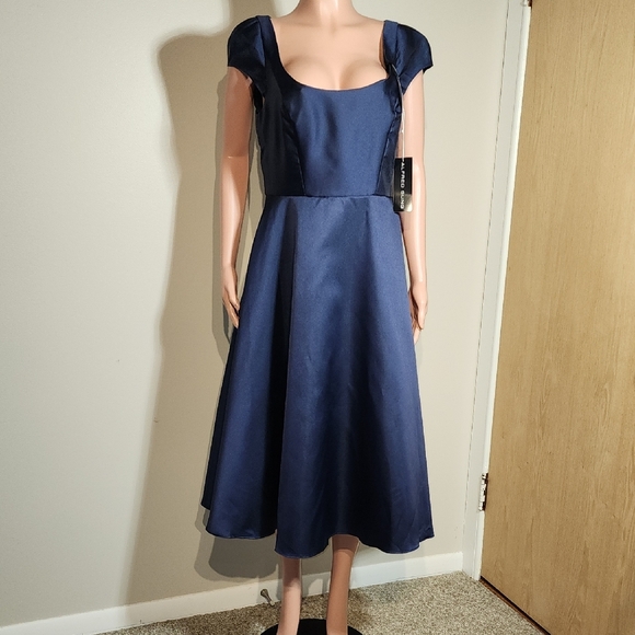 ALFRED SUNG Blue A-Line Puff Sleeve Midi Dress - Picture 1 of 13